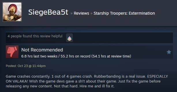 Image of an article titled Starship Troopers: Extinction from a Steam review